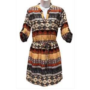 BeBop Geometric Shirt Dress Retro Boho Tribal Multicolor Elastic Tie Waist EUC